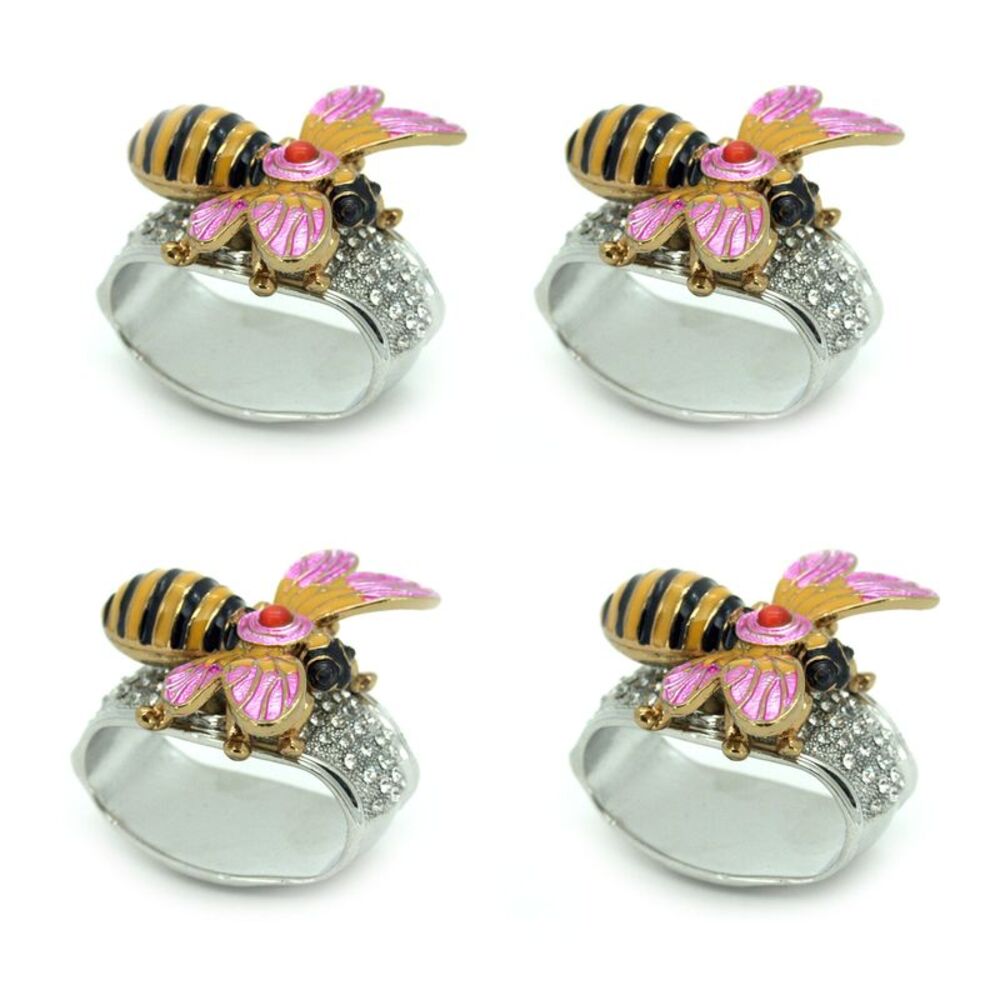 Set of 4 Rhinestone Encrusted Metal Bumblebee Napkin Rings